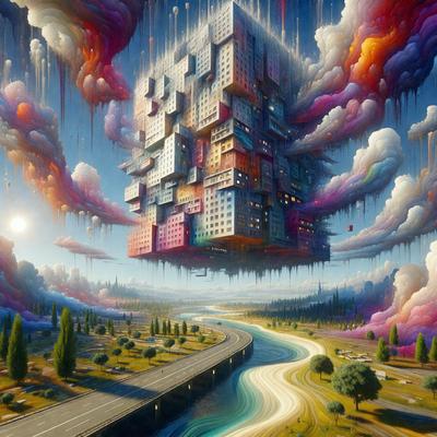 The primary subject of the image is a large, colorful building that appears to be floating in the air. The building is situated above a highway, and there are trees in the foreground. The setting is a mix of urban and natural elements, with the highway and the building creating a contrast with the trees. The visual style of the image is digital art, as it is a detailed and intricate illustration. The colors and mood of the image are vibrant and lively, with the floating building and the highway creating a sense